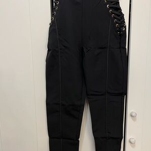Gracia Black Skinny Pants with Lace-Up Detail high waisted